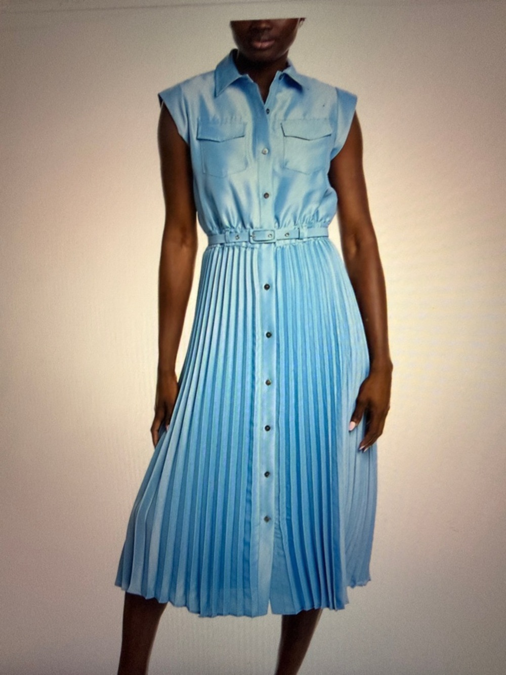 Elie Tahari Natalya blue pleated shirt dress with belt, length 49",NWT